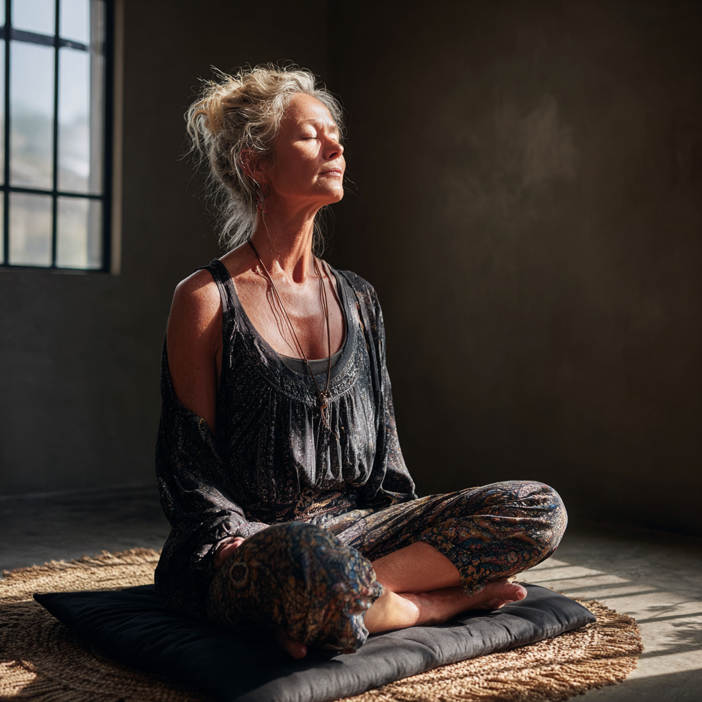 middle aged woman practicing gentle morning yoga in serene studio with natural light