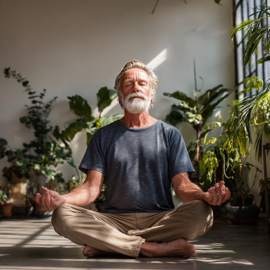 senior man meditating peacefully in modern yoga studio with plants and natural lighting